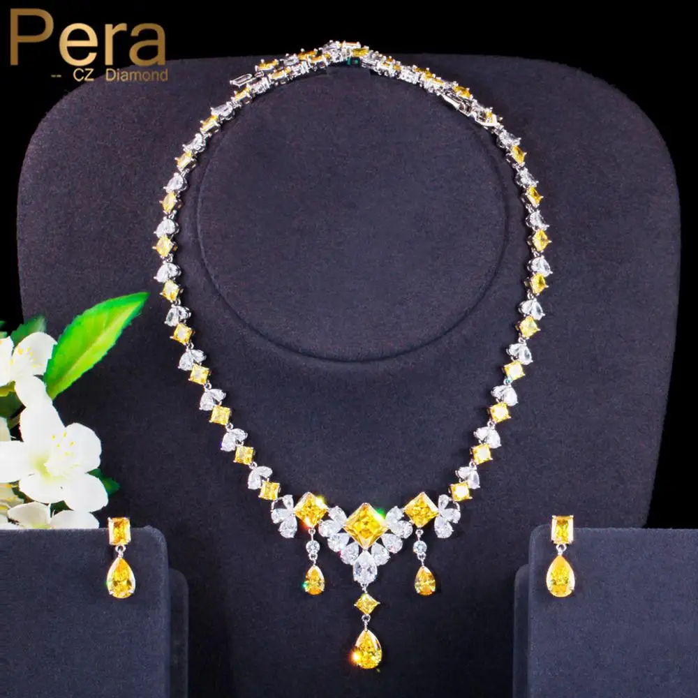 

Pera Noble African Yellow Cubic Zircon Bridal Wedding Party Necklace Earrings Sets for Women 2024 Fashion Jewelry Accessory J379