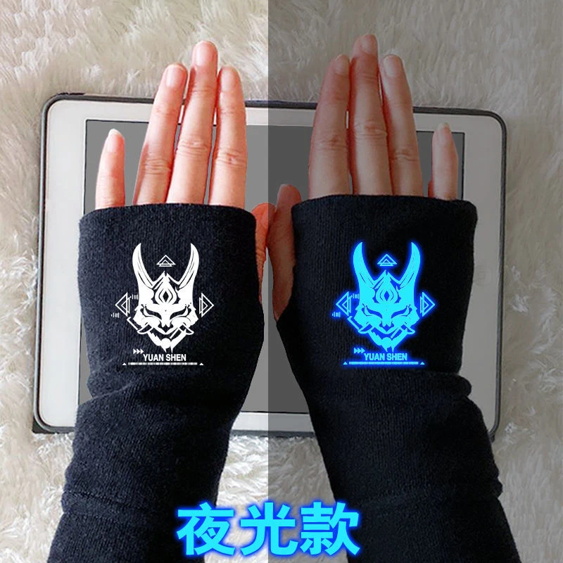 Game Impact Hutao Luminous Black Half Finger Fingerless Gloves For Wool Knit Wrist Cotton Gloves Winter Warm Workout Gloves