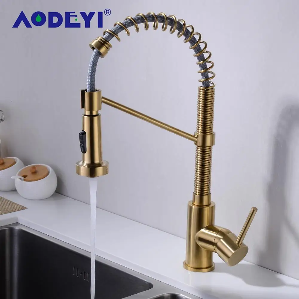 Brass Kitchen Sink Faucet Brushed Gold Pull Down Kitchen Faucets Single Handle Mixer Tap 360 Rotation Torneira Cozinha Mix Taps