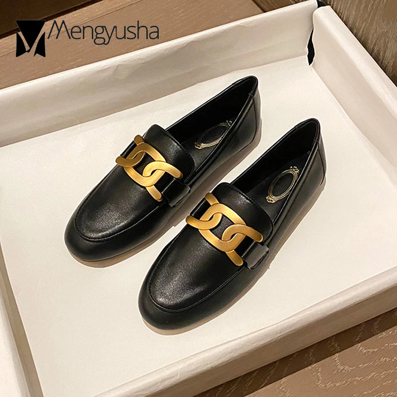 العلامة التجارية مصمم أحذية من الجلد الصغيرة امرأة سلاسل معدنية الشقق الفتيات البريطانيات الانزلاق على أحذية أكسفورد السيدات كل مباراة الأخفاف واحدة