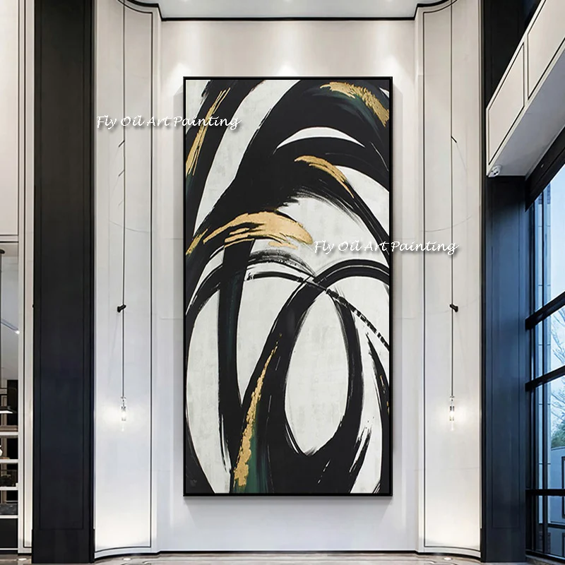 

The High Quality Art Hand-painted Abstract Oil Painting on Canvas Decor Wall Pictures Office Hotel Black Gold White Brush Graph