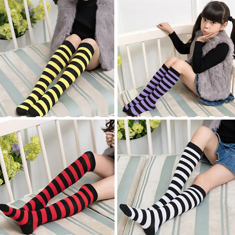 Kids Knee High Socks Cotton Halloween Colorful Zebra Stripes Long Tube Clown Striped Knee Socks Boys Girls Dopamine Xmas