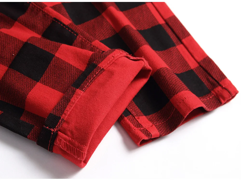 Herren Rote Karierte Bedruckte Hose Modische Slim-Fit Stretch-Jeans Trendige Übergrößen Gerade Hose – Detail 11