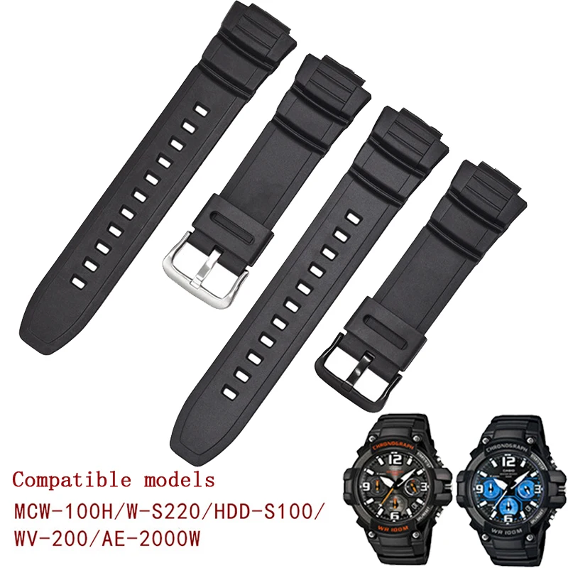 Silicone Watch Band for Casio MCW-100H/110H/W-S220/HDD-S100  WV-200/AE-2000/2100 Resin Strap 16mm Wristwatch Accessories