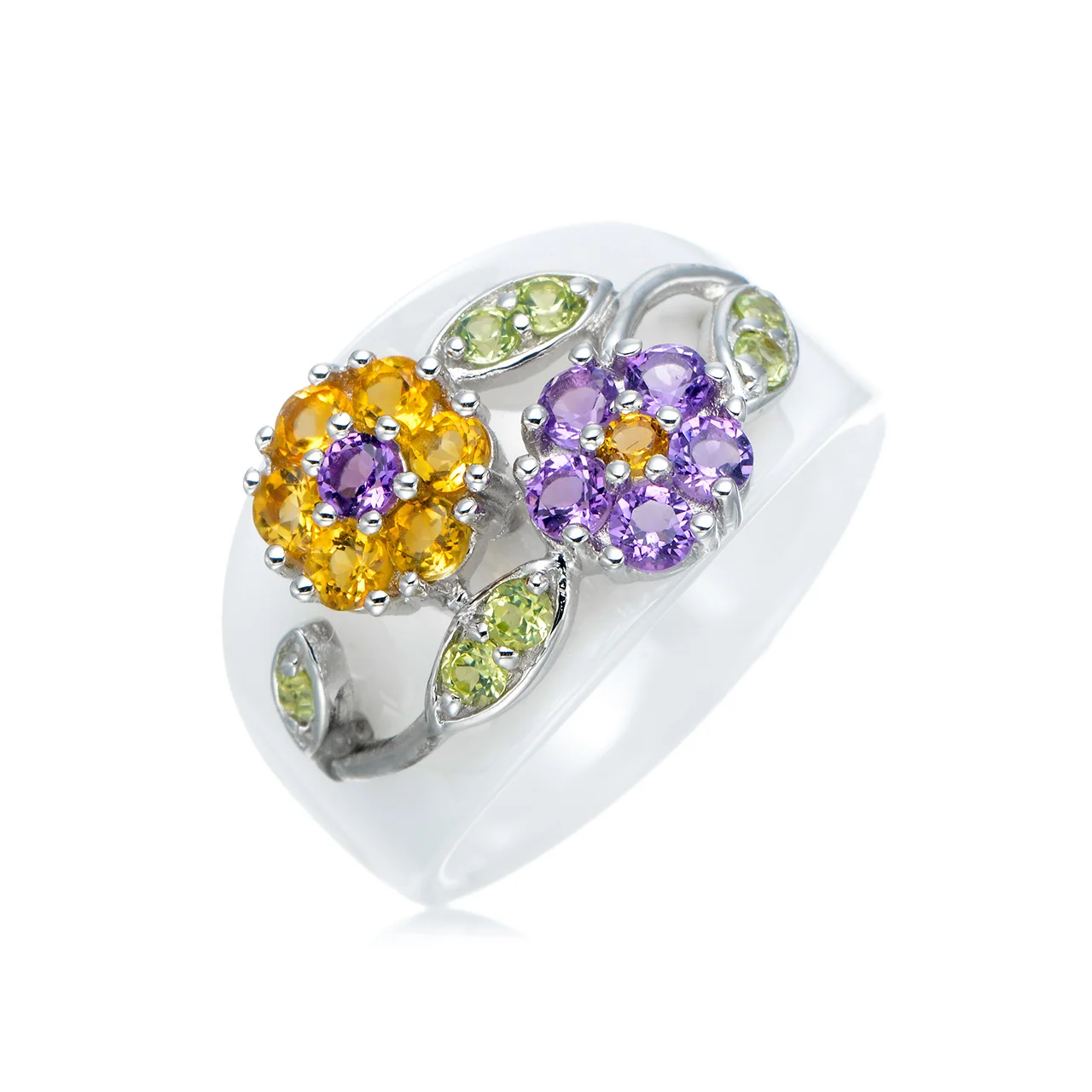 Citrine and Peridot and Amethyst , Rhodium Over Sterling Silver Flower Ring 1.02ctw with white or black Ceramic gold plated 2021