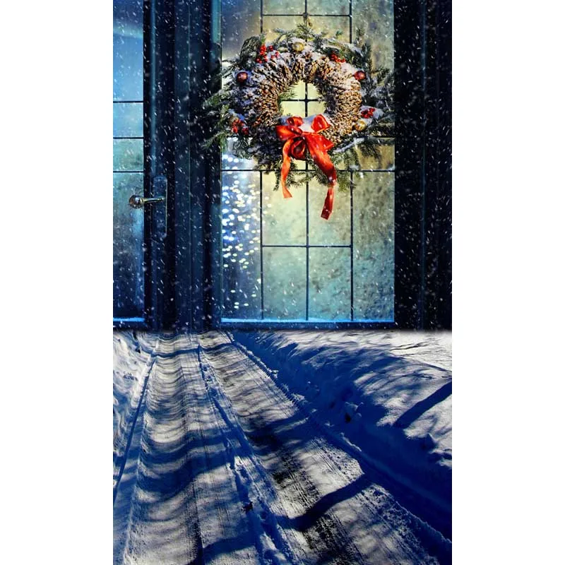 

5x7FT Merry Christmas Glass Door Frame Wreath Pine Branch Snowflake Custom Photo Studio Backdrop Background Vinyl 220cm x 150cm