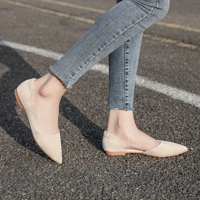 Spring 2021 New Shallow Mouth Flat Bottom Shoes Pointed Toe Solid Color Flat Heel Shoes Slip on Size 31 32 33 44 45 46 Flock