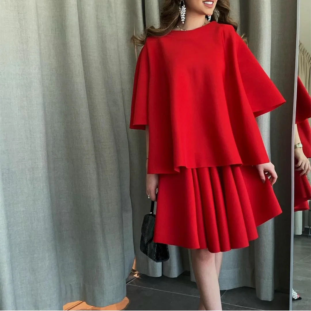 Short Red Evening Dresses Ruched Women O-Neck Ankle Length Formal Party Vestidos De Gala With Belt Elegant Long Prom Gowns