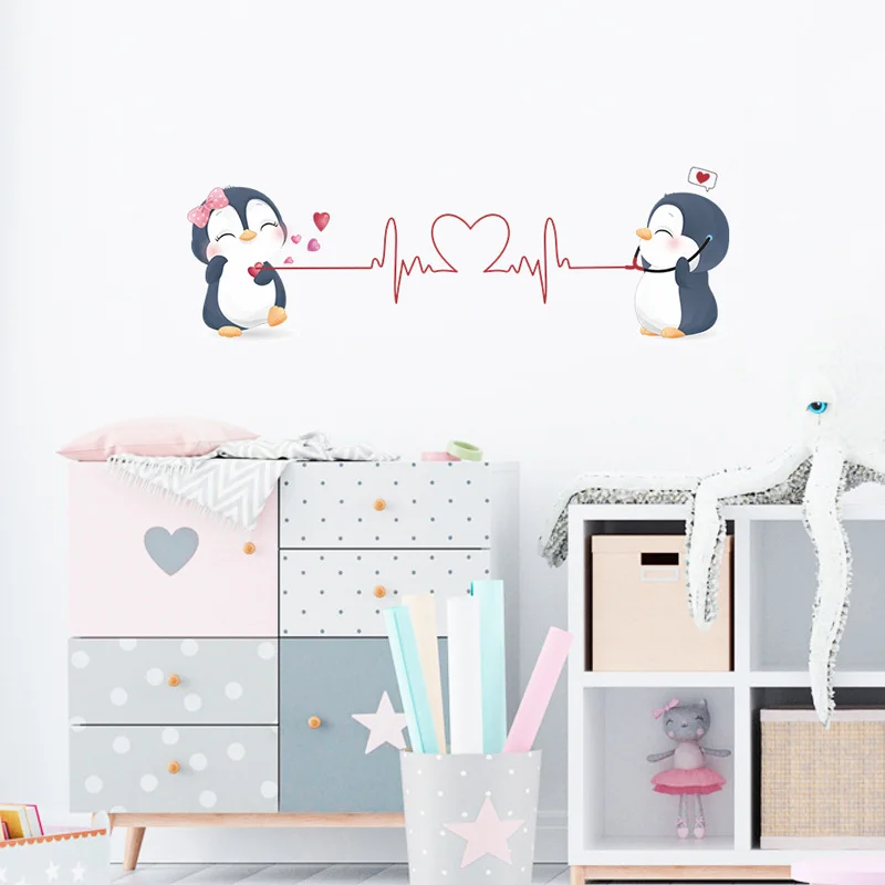 Cute Couple Penguins Wall Sticker Living Room Bedroom Background Home Decoration Cartoon Stickers Valentine\'s Day Wallpaper