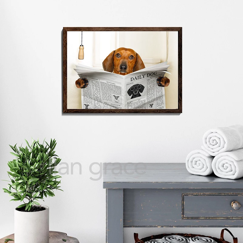 Dog Reading Newspaper Toilet Wall Art Canvas Poster Prints Funny Dog Painting Wall Picture Home Bathroom Decor Dogs Lover Gift