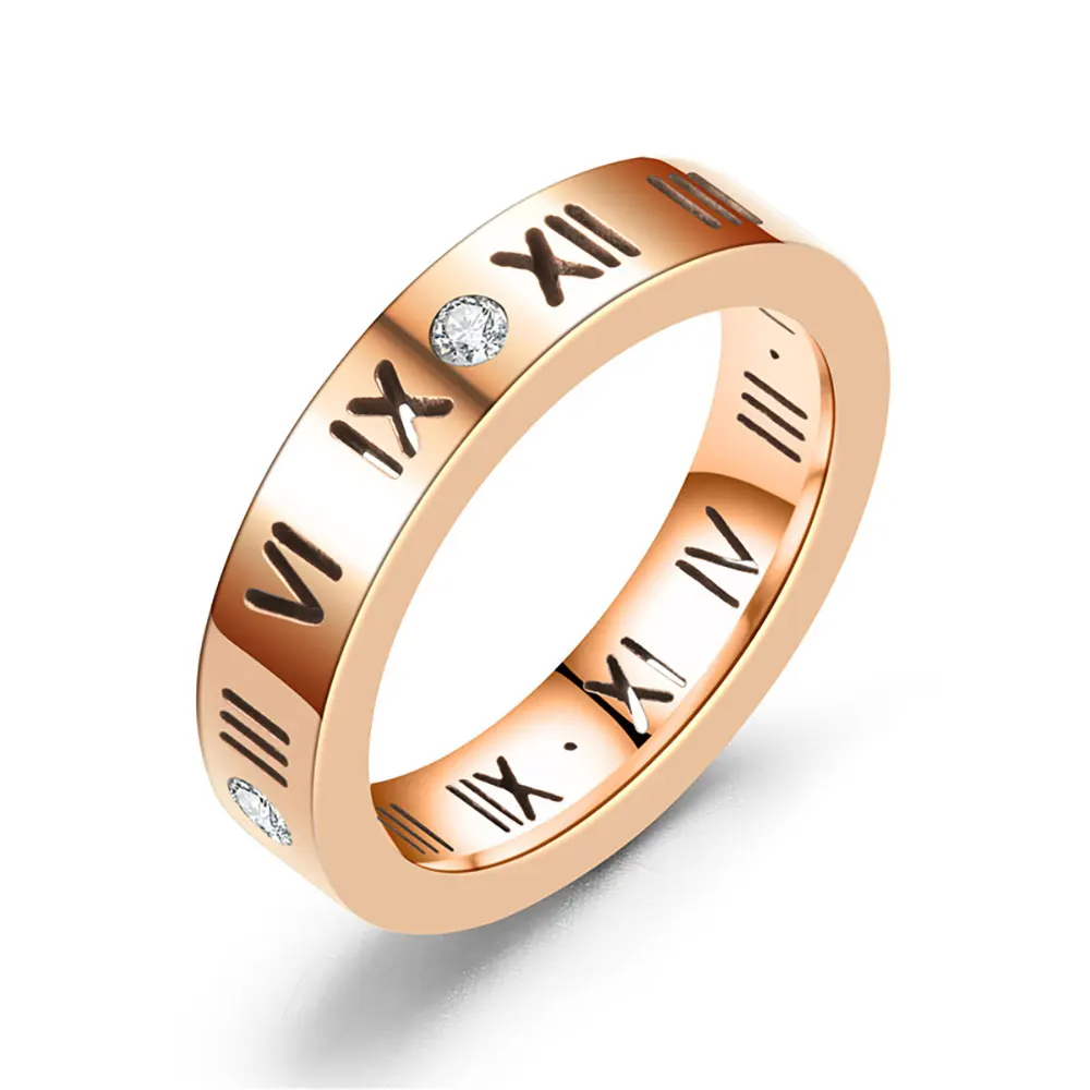 Stainless Steel CZ Roman Numeral Ring for Women Girls,Rose Gold Plated With Crystal