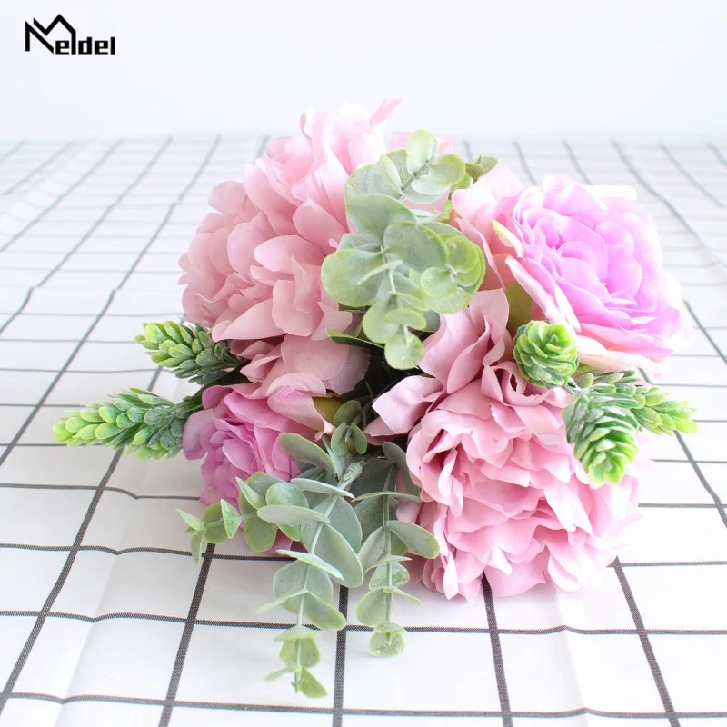 Herfst Zijde Kleine Rose Pioenen Kunstmatige Bloem voor Bruiloft DIY Decoratie Craft Groene Eucylaptus Nep Bloemen Thuis Tafel Decor