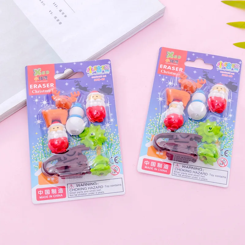 6 Pcs/Lot Reindeer Christmas Card Rubber Suit Students Rubber Christmas Gift Prizes Students Gift Wholesale