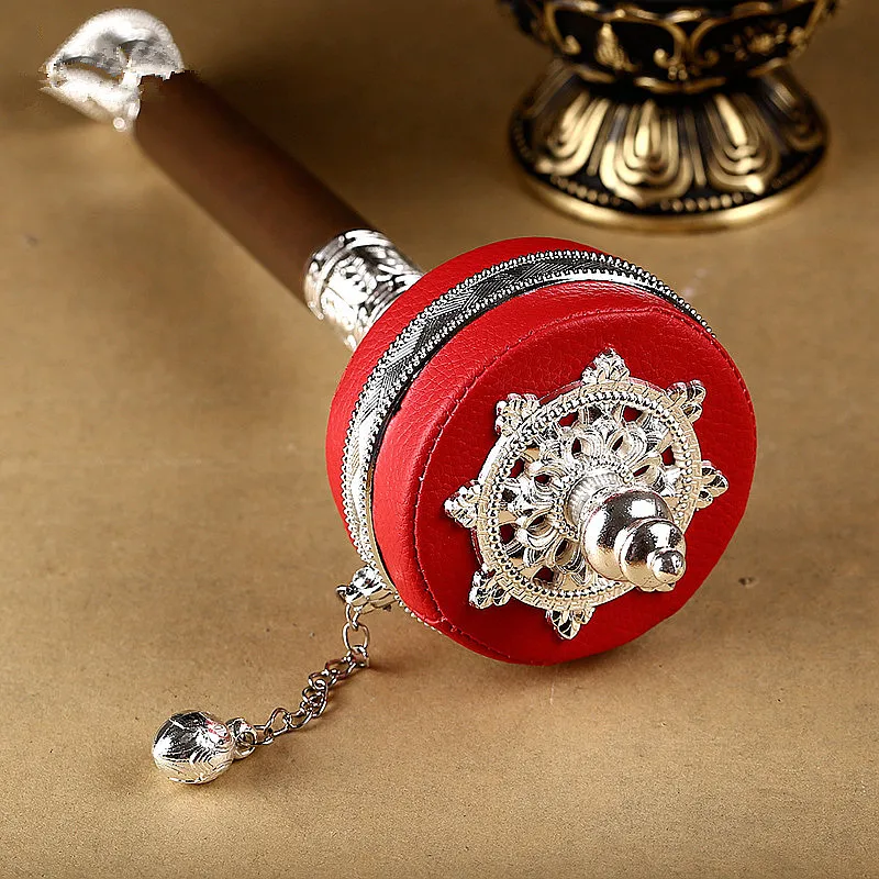Gold/Silver Red Leather Alloy Copper Lotus Base Decorate Six Words Mantra Hand Cranking Auspicious Prayer Wheel