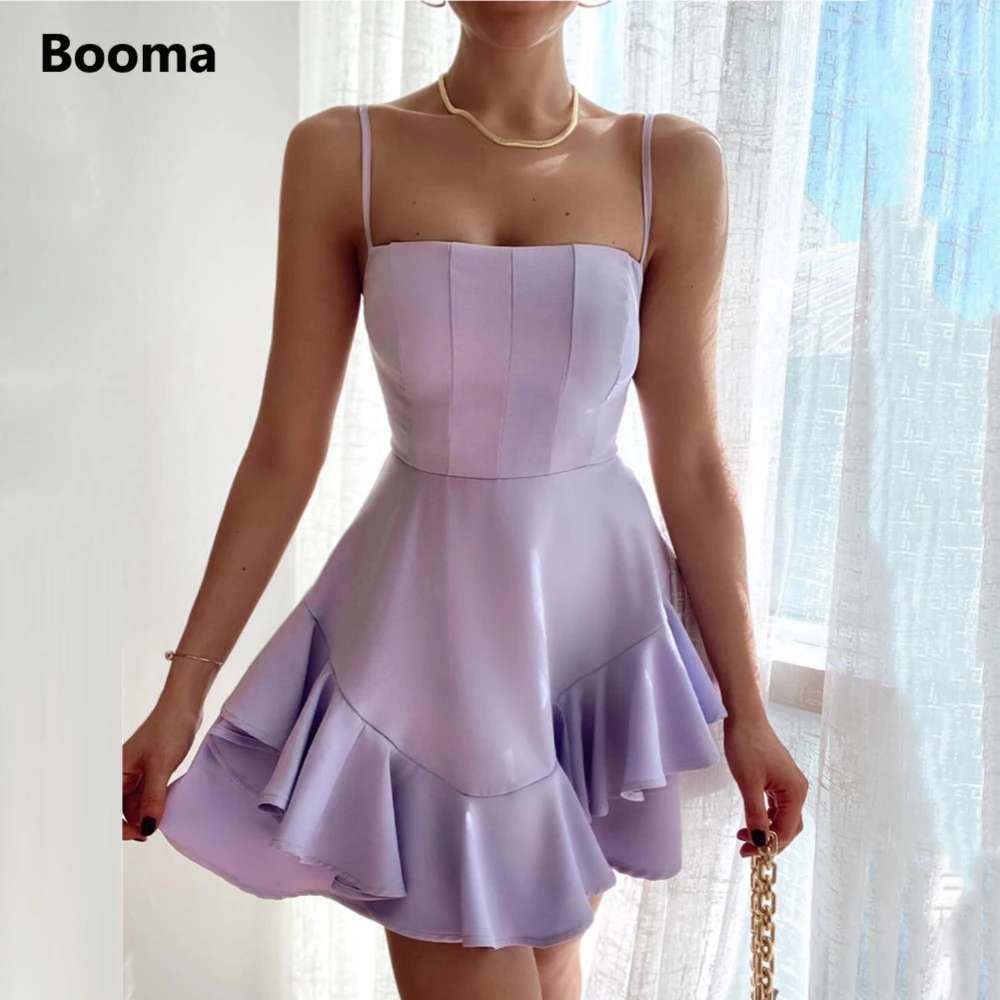 Booma Lavender Mini Prom Dresses Spaghetti Straps Ruffles Above Knee Satin Homecoming Dresses Clubbing Short Graduation Dresses