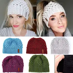 Women Girls New Autumn Winter Warm Empty Top Hat Messy High Bun Ponytail Beanie Stretch Knit Colorful Hole Cap Hot Fashion