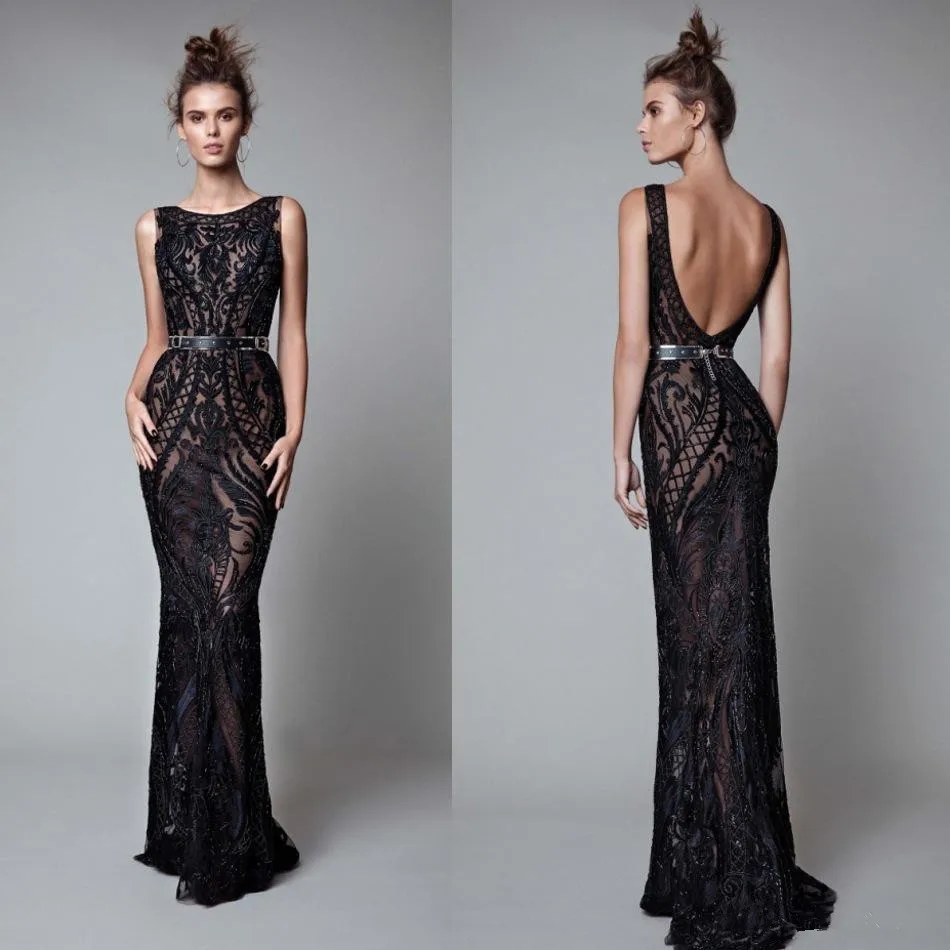 Beading Backless Evening Dresses Black Full Lace Mermaid Prom Gowns Floor Length Formal Dress Custom Made