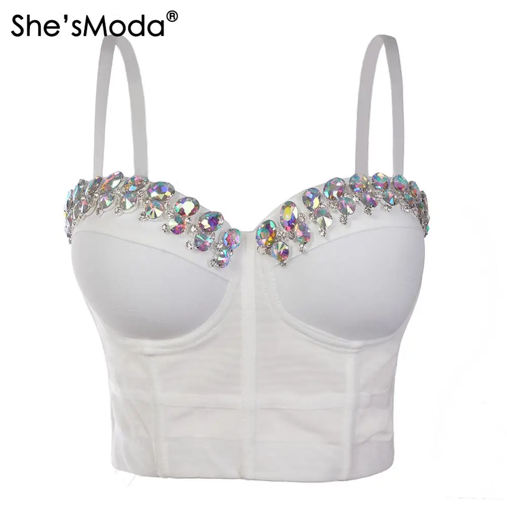 

She'sModa New Mesh Perspective Rhinestones Bustier Women's Bralette Cropped Top Vest Plus Size