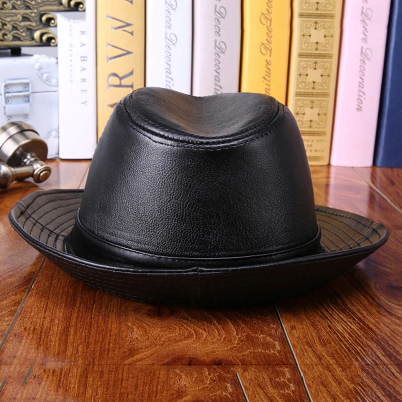 Retro Man High Quality Genuine Leather Jazz Fedora Gentleman Sheep leather Short Brim Black/Brown Top Hat Male Shows Topper