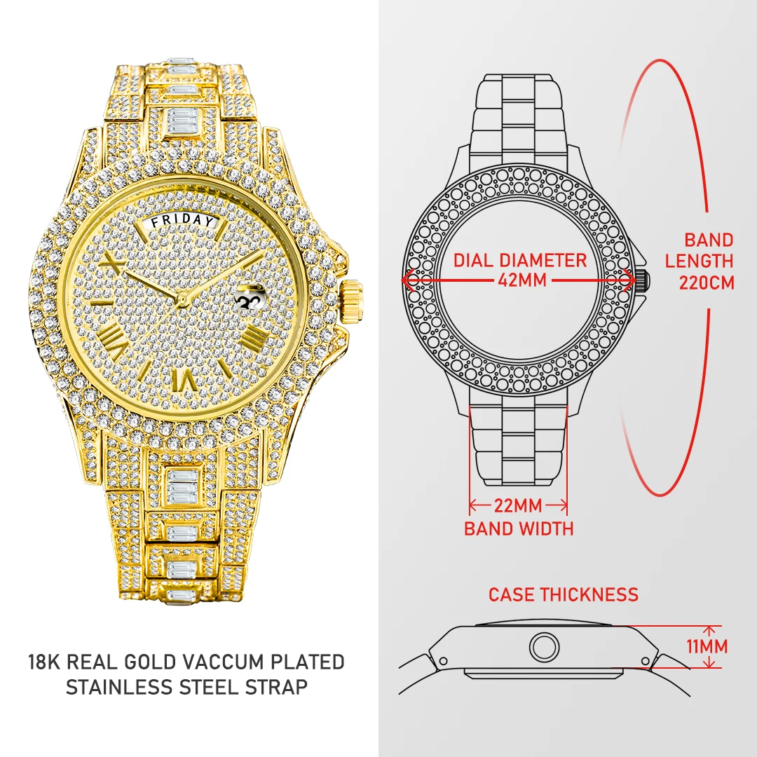 Full Iced Out Relógio Para Homens Luxo Ouro Hip Hop Diamante Quartz Mens Relógios À Prova D \'Água Dia Data Relógio Mais Vendido Produto 2023