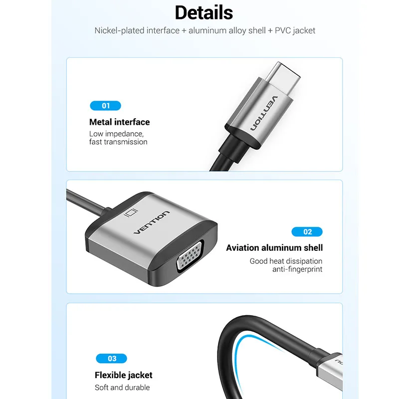 Vention usb c vgaアダプタusbタイプc vga 1080 1080p 60 60hz女性macbook proのchromebook huawei社メイト10 usb cタイプc vgaアダプタ