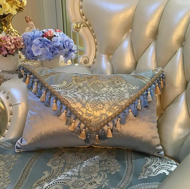 Funda de cojín con borlas de satén azul y plateado Vintage de lujo, funda de almohada Floral Jacquard para sofá de coche, fundas de almohada para el hogar