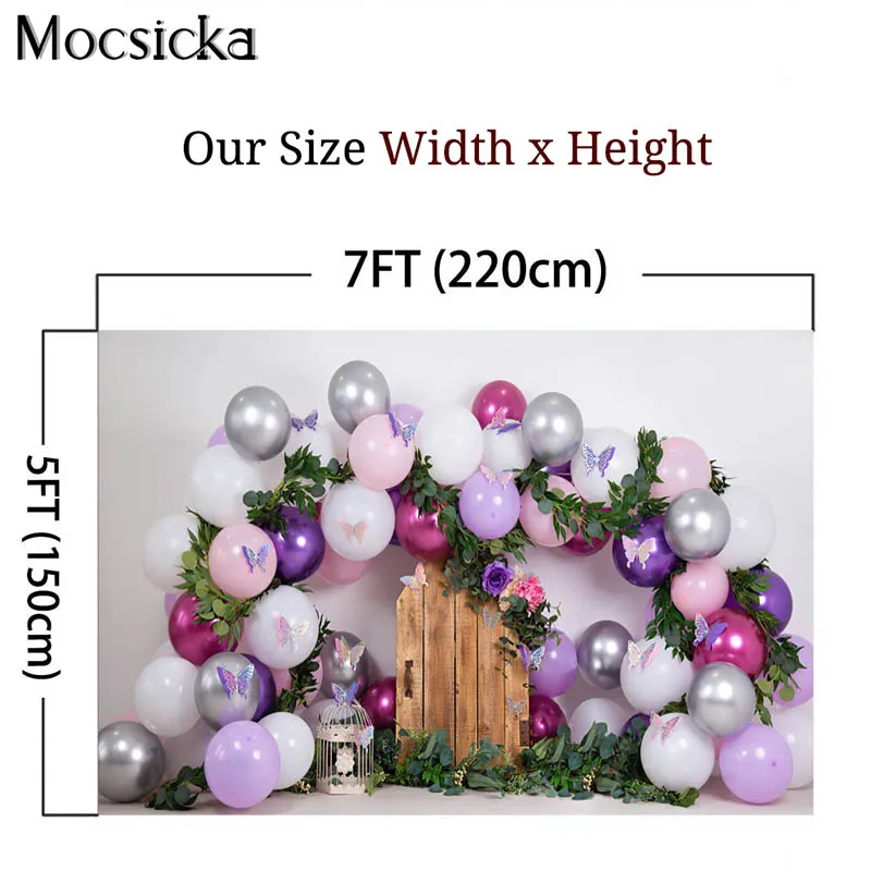 Frühling Schmetterling Kinder Geburtstag Kuchen Zerschlagen Hintergrund Studio Photo Lila Blumen Luftballons Garten Fotografie Hintergrund