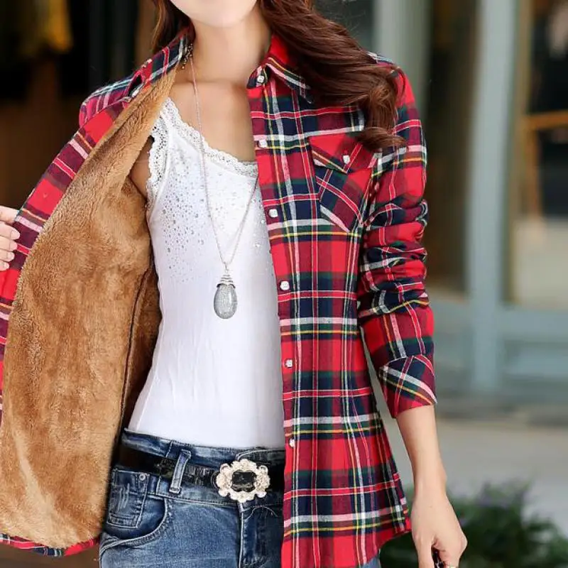 Autumn Winter Clothing New Korean Version Of The Plaid Plus Velvet Women Blouse Thick Warmth Slim Sweet Ladies Shirt