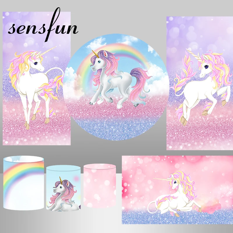 Sensfun Rainbow Glitter Bokeh Unicorn Theme Round Backdrop Cover Girls Birthday Plinth Covers Elastic Rectangle Table Banner