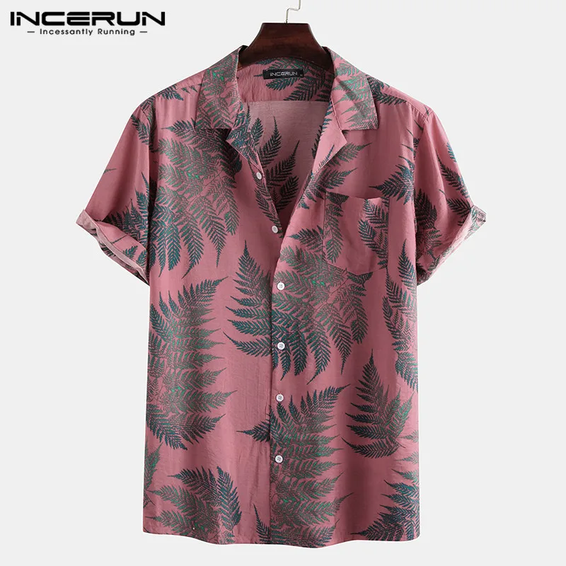 INCERUN Hommes Manches Courtes Revers Imprimé Chemise Motif Du Cuir oral elu Tropical Floral Chemise Décontractée D\'été Hawaïenne Vacances Camisa