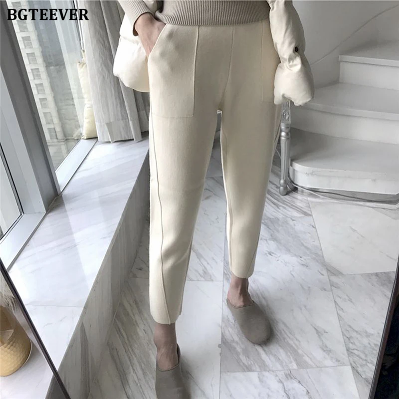 

BGTEEVER Casual Elastic Waist Loose Women Woolen Pants Autumn Winter Pockets Ladies Harem Pants 2020 Plus Size pantalon femme