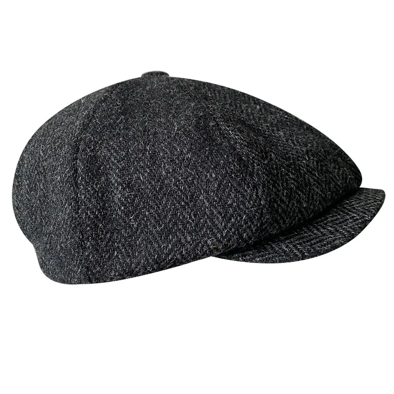 Pure Wool New Men\'s Brand Winter High Quality Black Newsboy Caps Herringbone Octagon Cap 2021 Women Gatsby Flat Hat BJM39