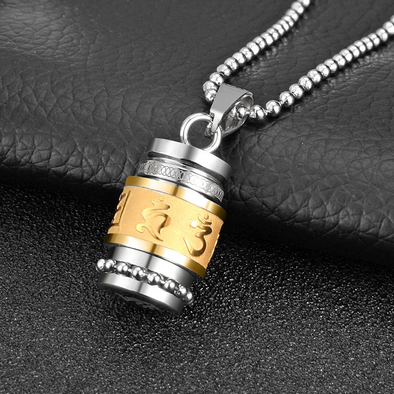 Stainless Steel Om Mani Padme Hum Pendant Buddhism Amulet Wheel Bottle Necklace Rotatable Memorial Urn Jewelry Openable Storage