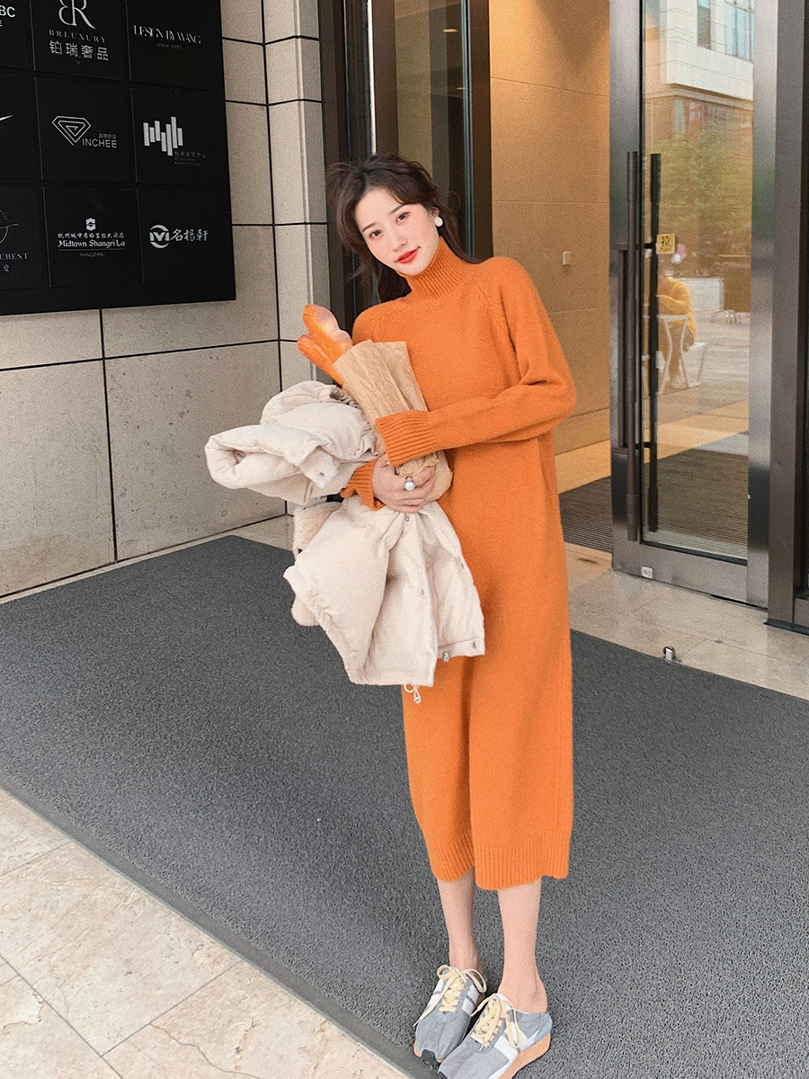 

Woman Dress High-neck Slim Knit Sweater Dress Women Autumn and Winter 2020 New Korean Style Long Sleeve Loose Long Base Dress