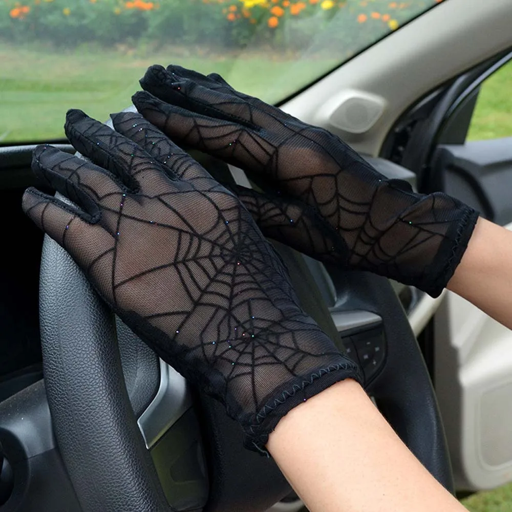 Fashion Sexy Summer Female Full Finger Short Lace Gloves Women Driving Spider Web Pattern Sun Anti-UV Black Gloves