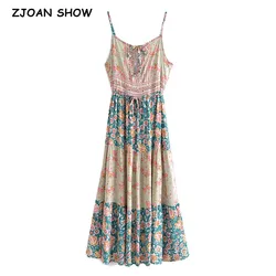 2021 Bohemia Contrast color Floral Print Spaghetti Strap Dress BOHO Woman Lacing up Waist Sling Midi Long Dresses Holiday Robe