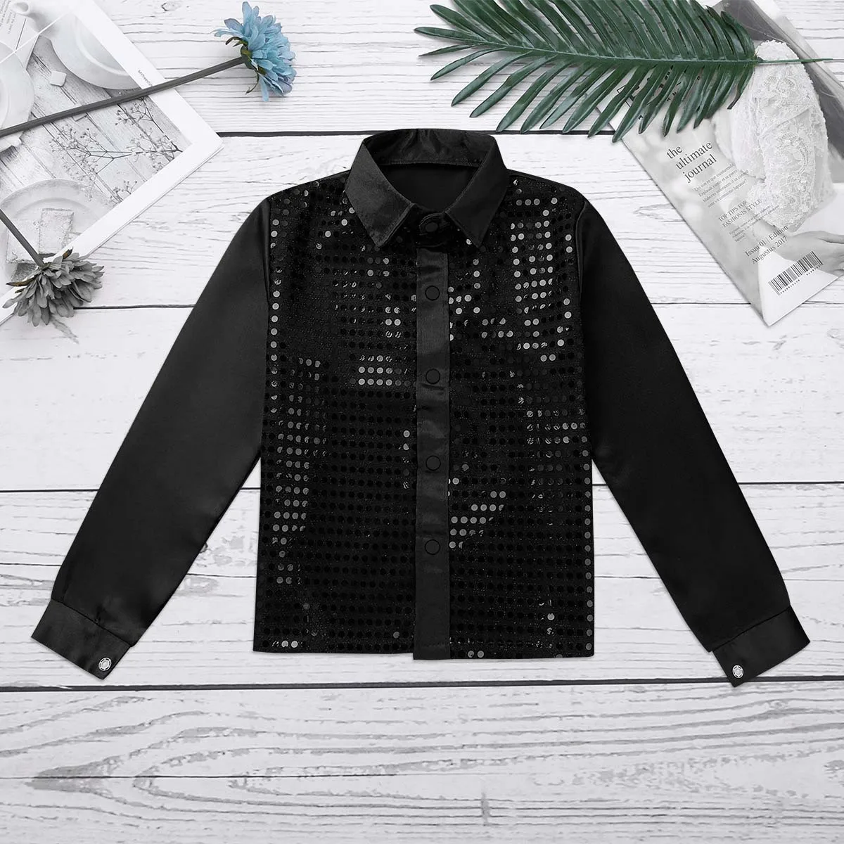 Shiny Sequined Kids Boys Jazz Dance Shirt Tops Children Long Sleeve Spread Collar Shirts For Choir Stage Performance Costumes