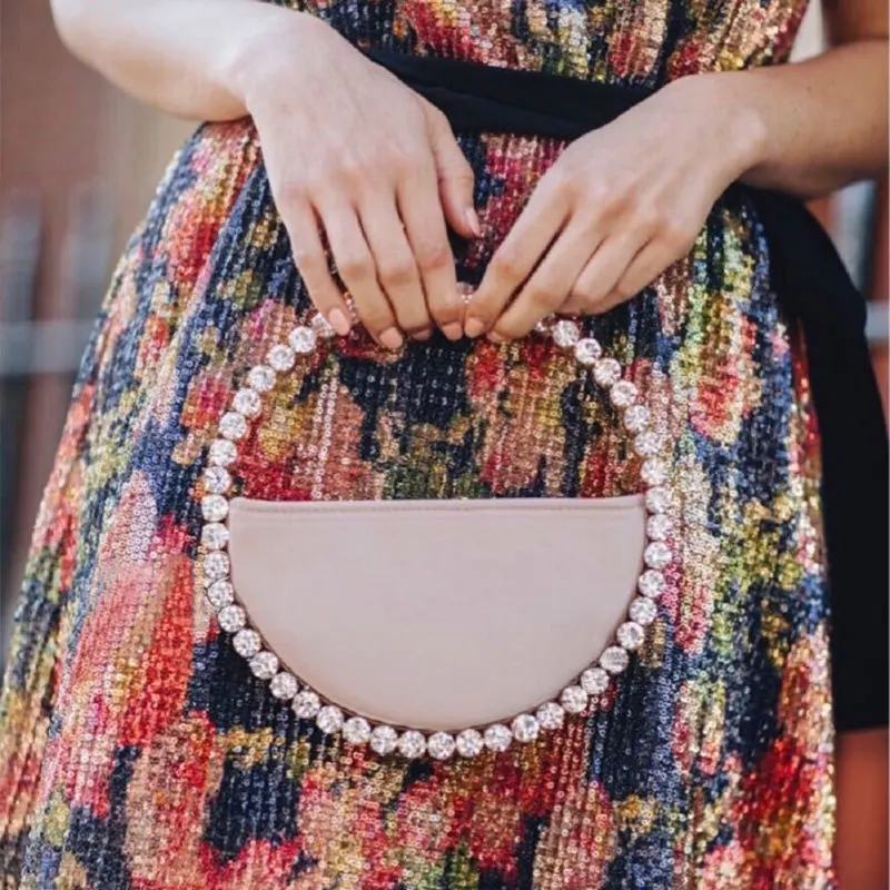 Bolso de noche Circular con diamantes de imitación para mujer, cartera de mano con asa redonda, media luna, 2020