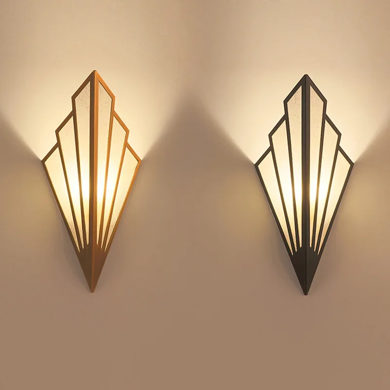 

European Led Metal Bedroom Bedside Wall Light Modern Hotel Corridor Sconce Fan-shaped Gold Black Living Room Decorative Art Lamp