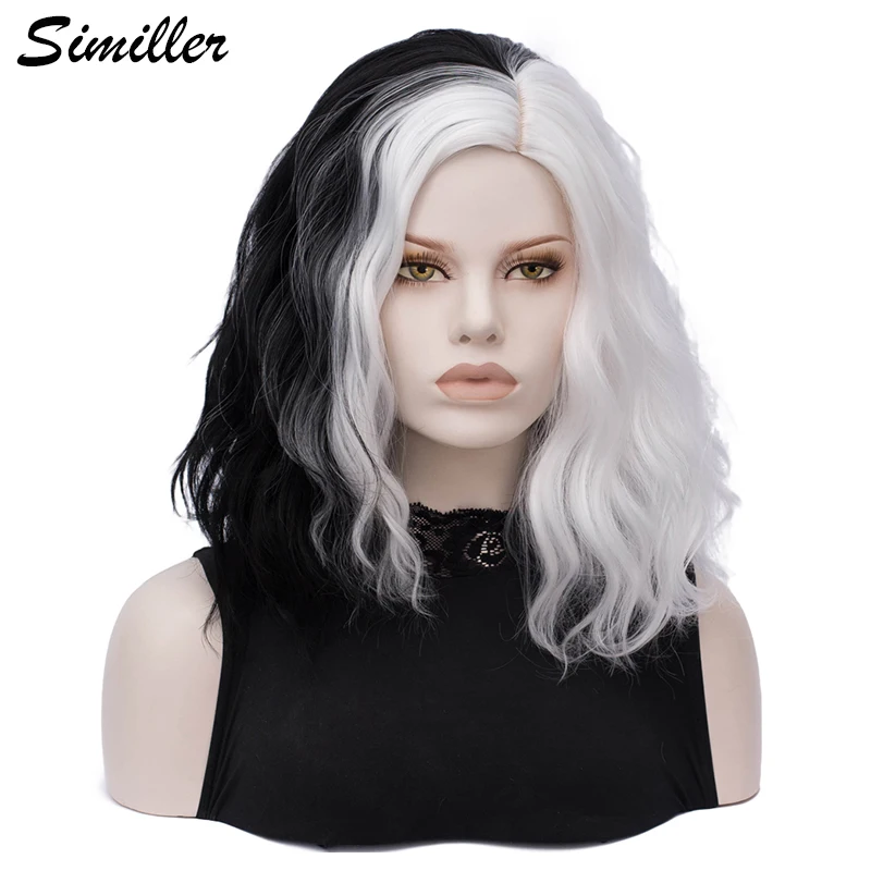 Similler Synthetic Black White Patchwork Colors Short Cosplay Wigs for Women Curly Hair Central Part with Free Wig Cap