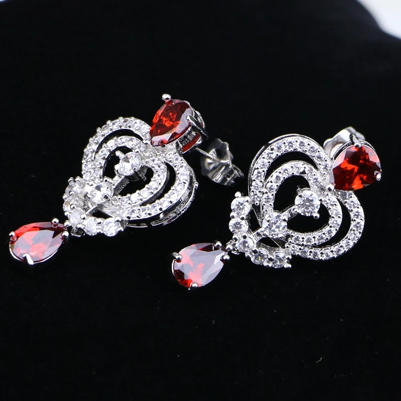 Water Drop Red Cubic Zirconia White CZ Silver 925 Jewelry Set For Women Wedding Earrings Necklace/Earrings 2PCS