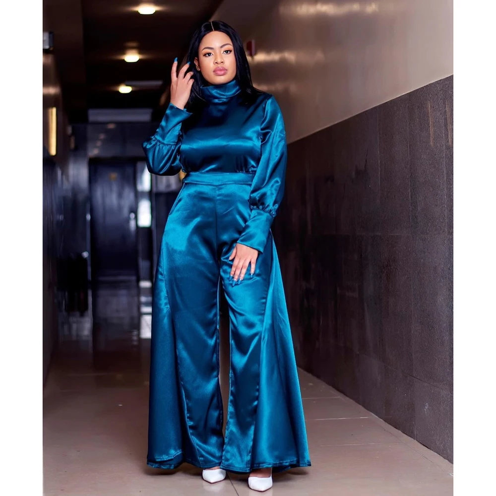 

Muslim Women Long Sleeve Jumpsuit Satin High Neck Playsuit African Ankara Dashiki Loose Wide Leg Pants Overalls Rompers Outfits