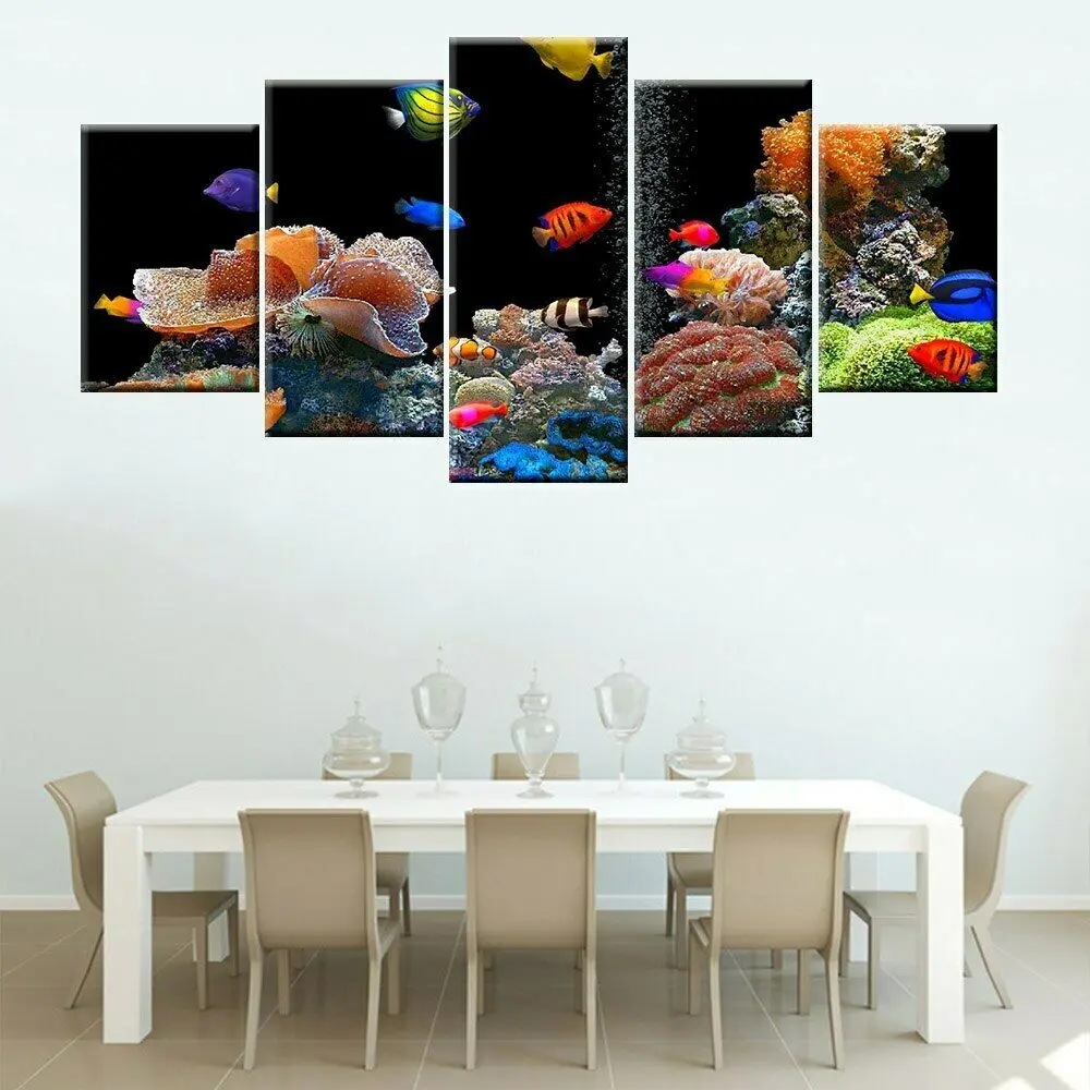 

Vivid Aquariums Corals Colorful Fishes Poster 5 Panel Canvas Picture Print Wall Art Canvas Painting Wall Decor for Living Room