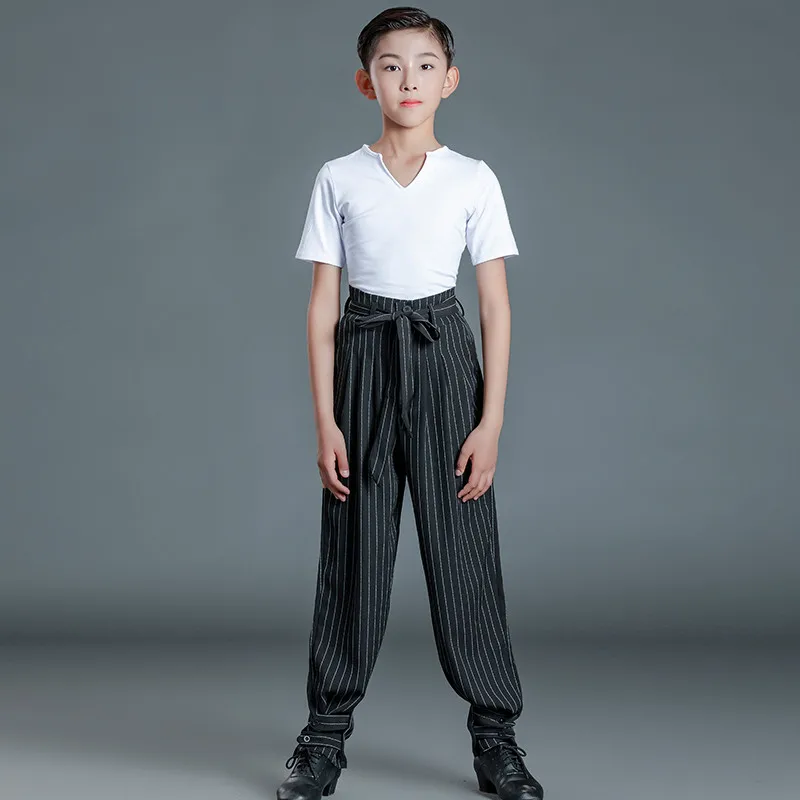 2021 Kids Latin Ballroom Dancing Costume Black/White Shirt Boys Latin Competition suit Professional Cha Cha Tango Dance Clothes