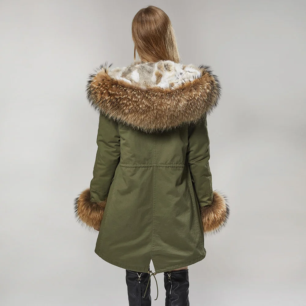 Maomaokong Winter Women Real Fur Coat Long Rabbit Fur Lining hooded Parka Large Raccoon Fur Collar Thick Warm Jacket