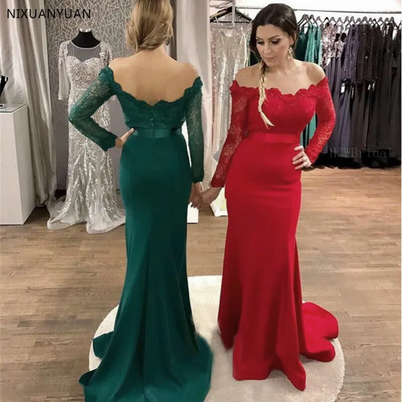 

Off The Shoulder Mermaid Elastic Satin Lace Top Arabic Evening Gowns Robe De Soiree Red Long Sleeve Mermaid Prom Dresses