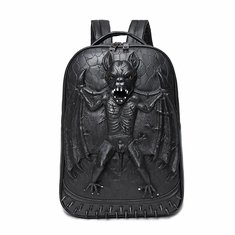 JIEROTYX 3D Leather Backpack Fashion Men Bat Backpack Computer Laptop Bags Cool Travel Bags Girls School Punk Rivets Halloween