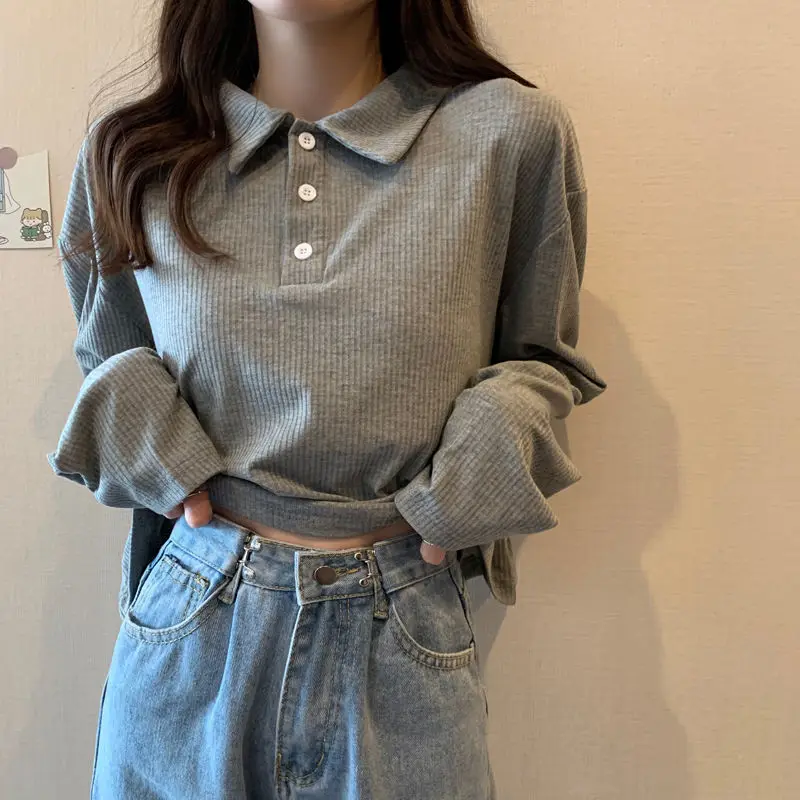 T-shirts Women Simple Korean Preppy Style Maiden Long Sleeve Turn-down Collar Buttons Solid Color Tops Ulzzang Inside Retro Tee