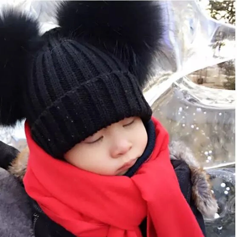 Two Pompom Fur Hat Baby Boy Girl Knitted Beanie Hat Winter Hat For Kids Children Double Real Natural Fur Pom Pom Hat