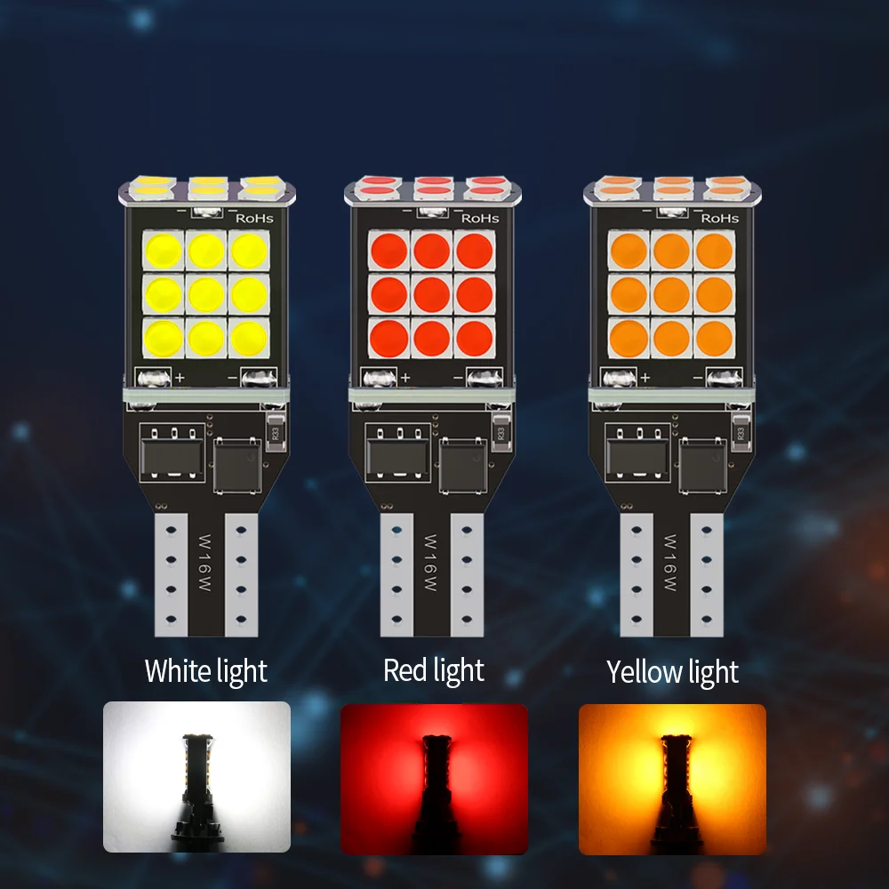 2pcs LED T15 W16W WY16W Car Lights Tail Signal Backup Reverse Lamp Stop Parking Bulb Canbus No Error 12V Diode White Red Yellow
